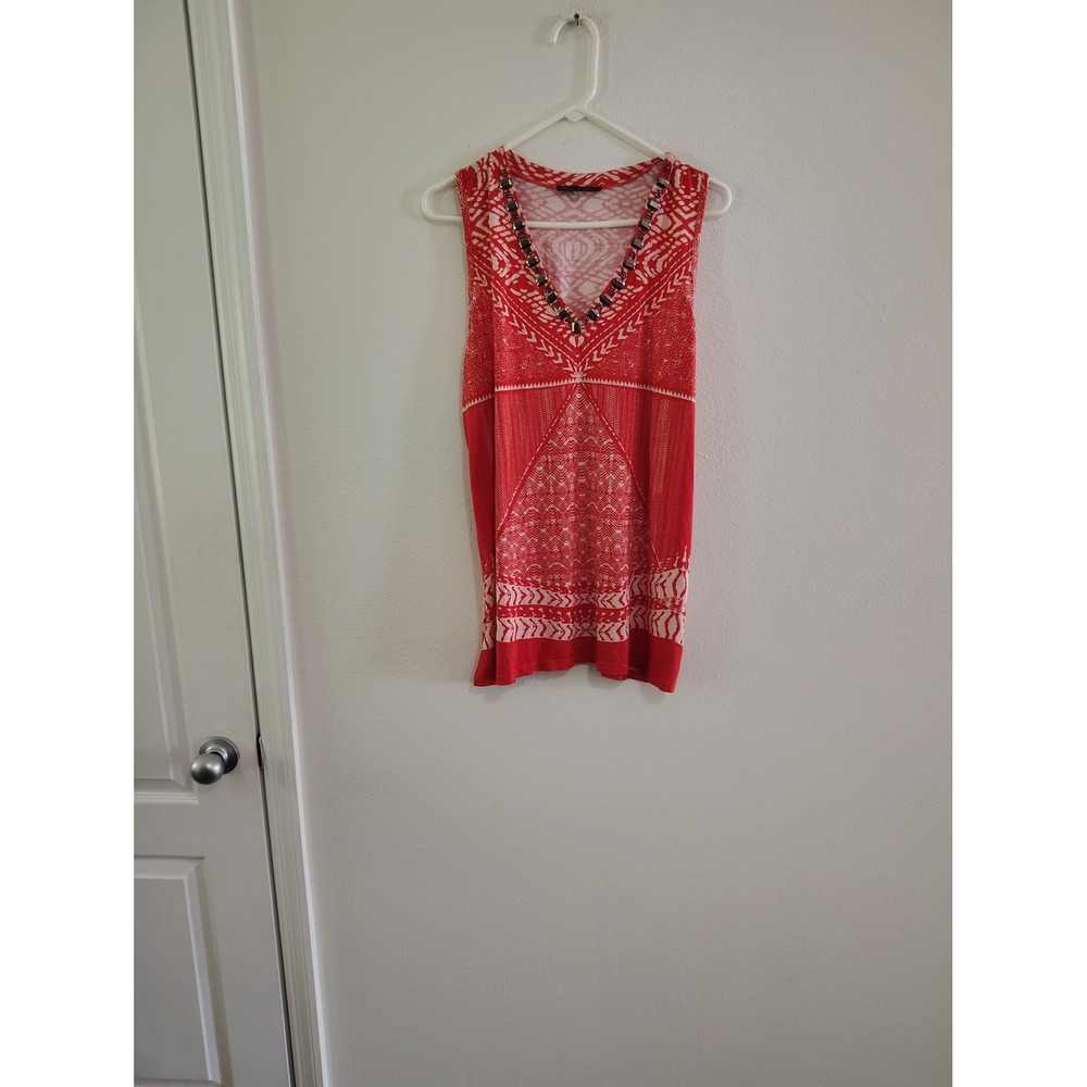 Rose & Olive Red White Geometric Tribal Print Studded V-Neck Tank Top XL